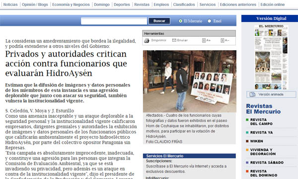 El Mercurio y La Tercera en campaña por Hidroaysén