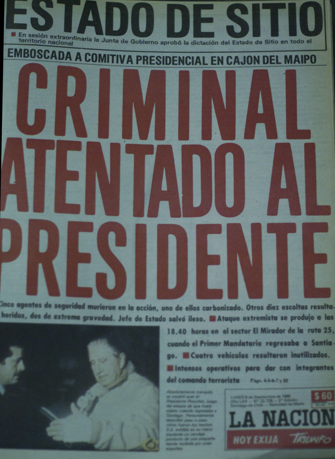 A 28 años del atentado a Pinochet: Mira cómo tituló la prensa de la época al día siguiente