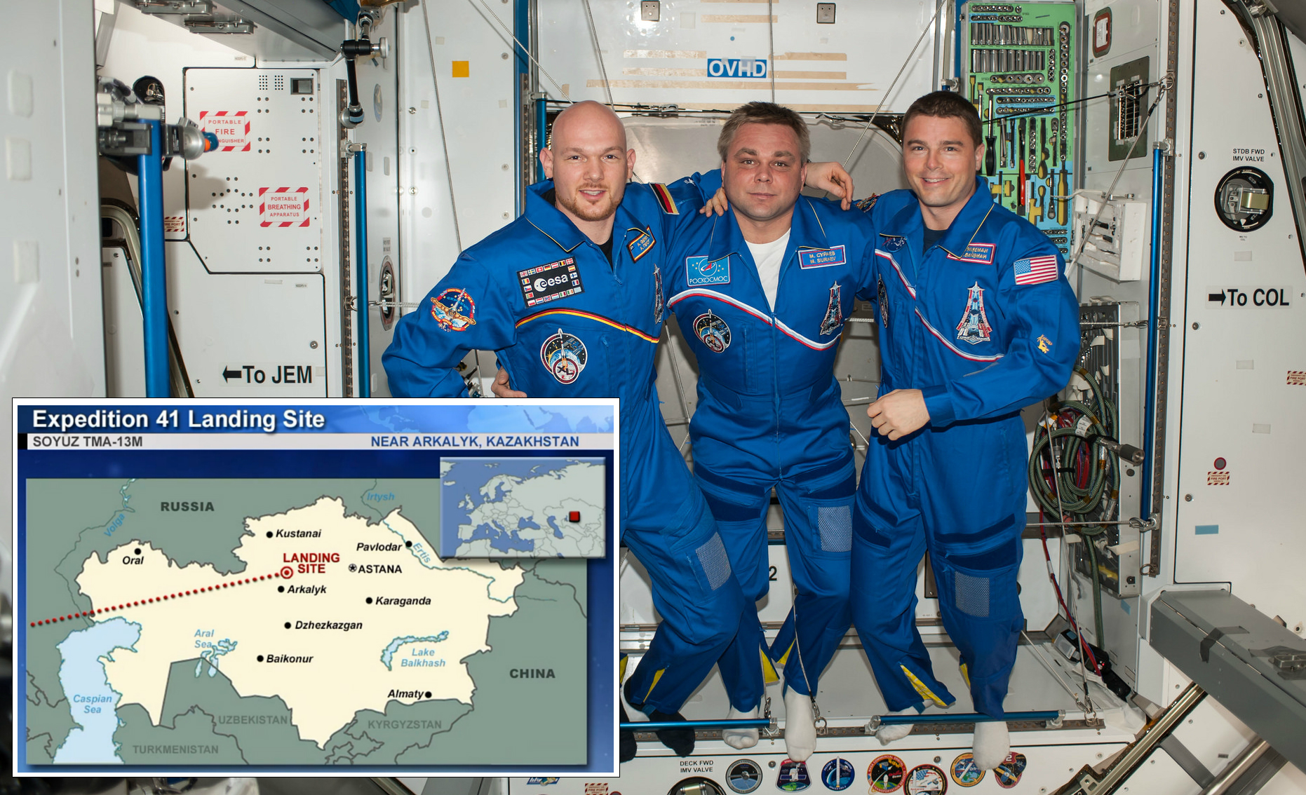 Astronautas regresan a la tierra, aterrizaron en Kazajstán