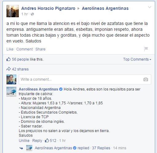 La acertada respuesta de Aerolínas Argentinas a un usuario que criticó el aspecto de sus azafatas
