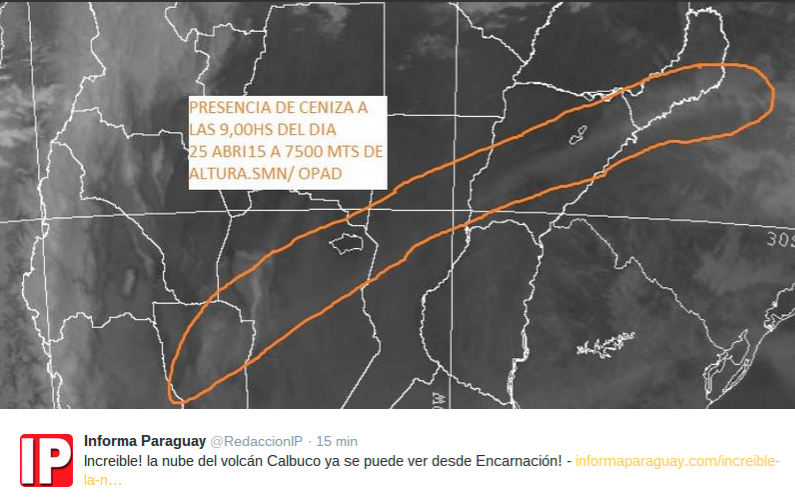 Cenizas del volcán Calbuco alcanzan Argentina, parte de Uruguay y el sur de Brasil
