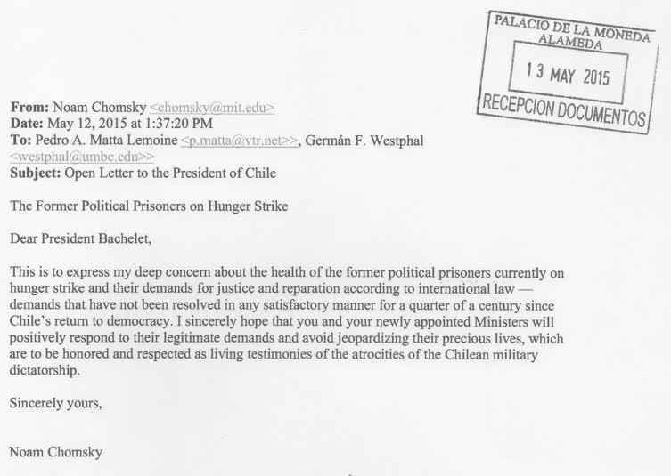 Noam Chomsky envía carta a Michelle Bachelet por los ex Prisioneros Políticos en Huelga de Hambre