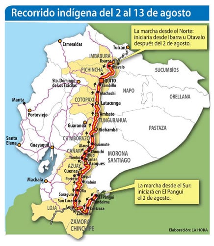7 provincias y cerca de 1.000 km recorrerá en 12 días la marcha indígena en Ecuador