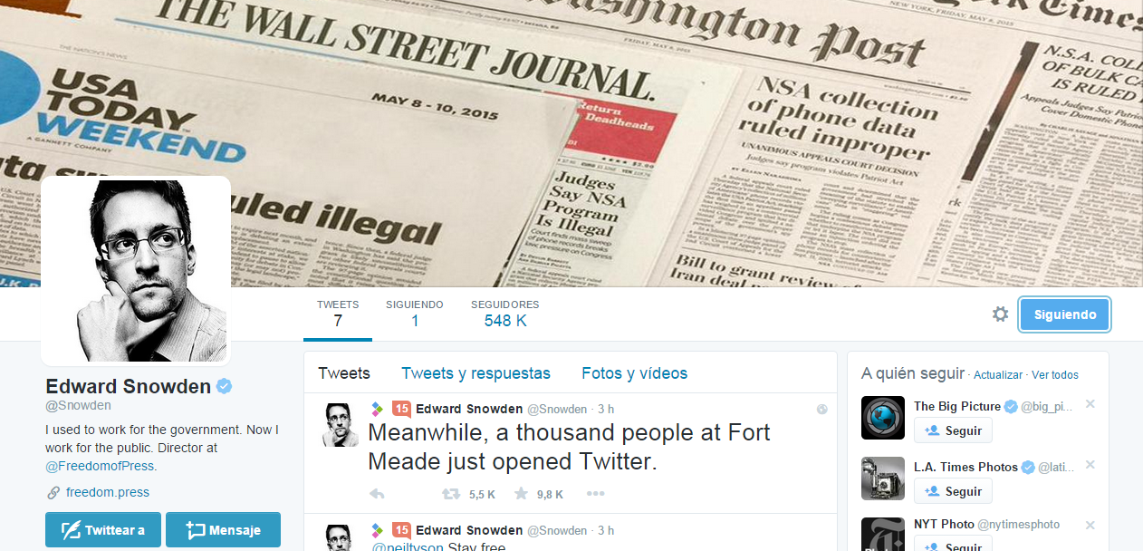 Edward Snowden estrena su cuenta en Twitter siguiendo a la NSA