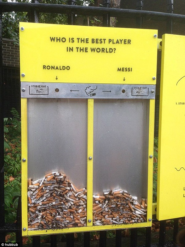 La solución para evitar las colillas tiradas al suelo: «¿Quién es el mejor jugador del mundo? Ronaldo / Messi»