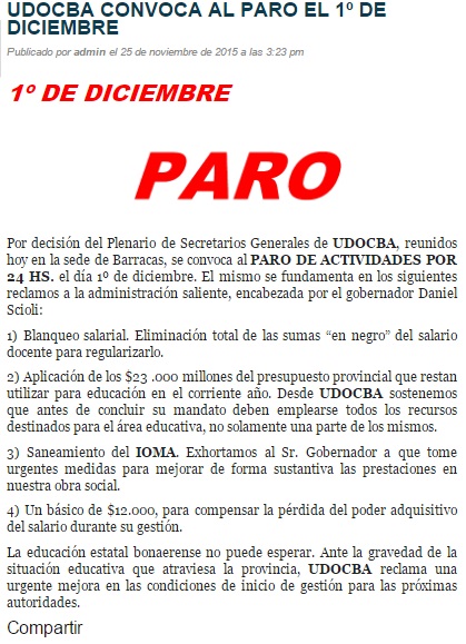 Paro de Docentes el 1° de Diciembre