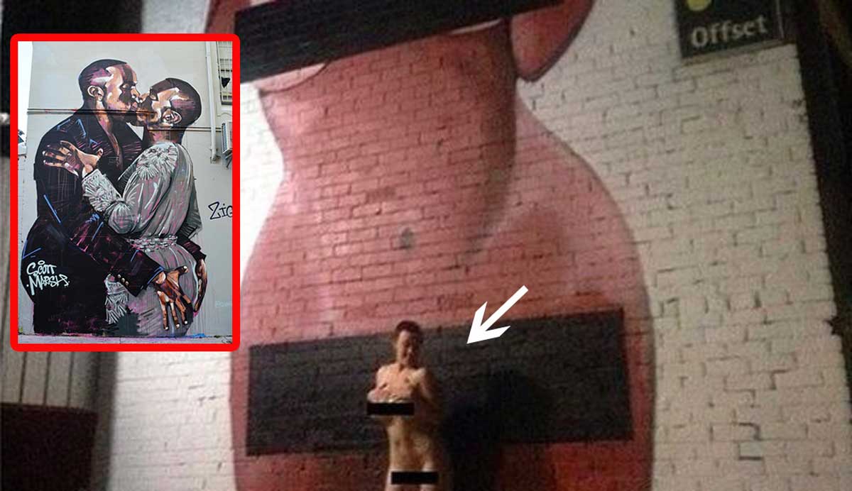 Crean murales de Kim Kardashian y Kanye West. Las personas protestan desnud@s en contra de ellos