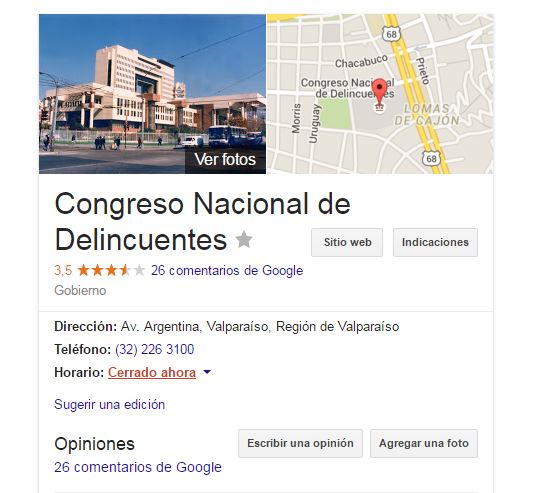 Google cambia nombre al Congreso y lo llama «Congreso Nacional de Delincuentes»