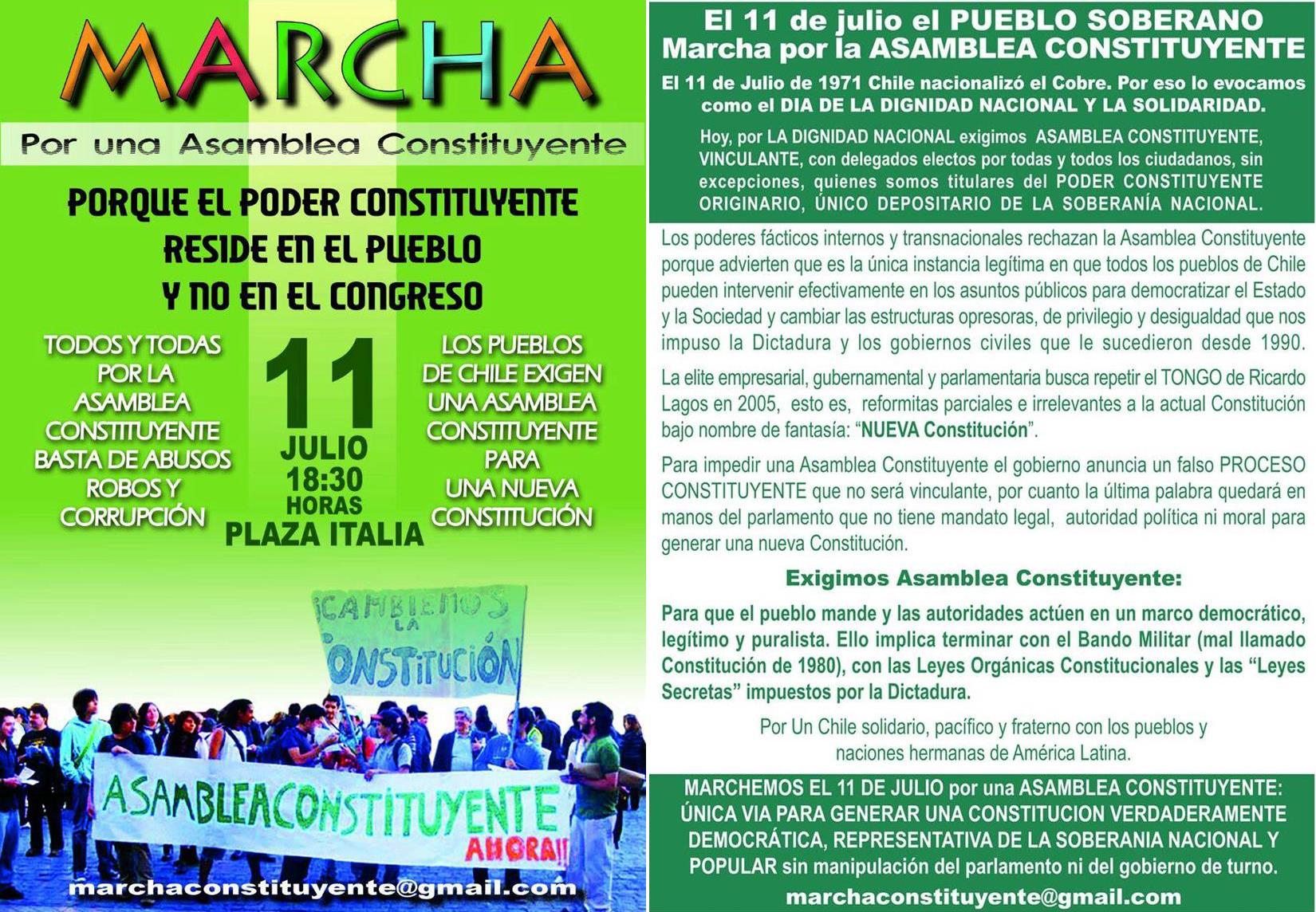 Organizaciones sociales convocan a marcha por la Asamblea Constituyente el 11 de julio