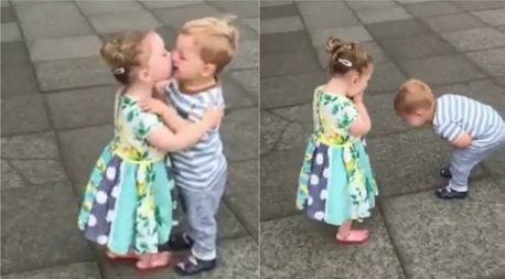 (Videos) Dos pequeños se dan un «besito» por primera vez y ésta fue su reacción…