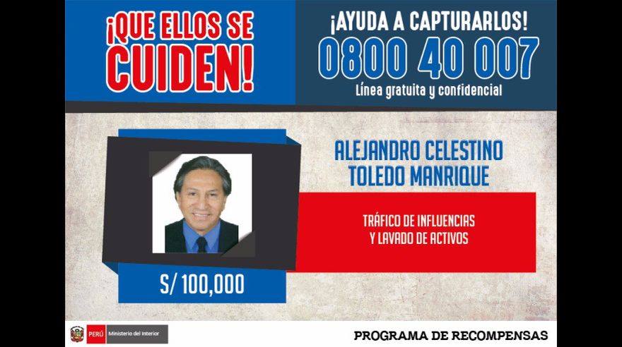 Gobierno peruano ofrece recompensa por entregar a Alejandro Toledo