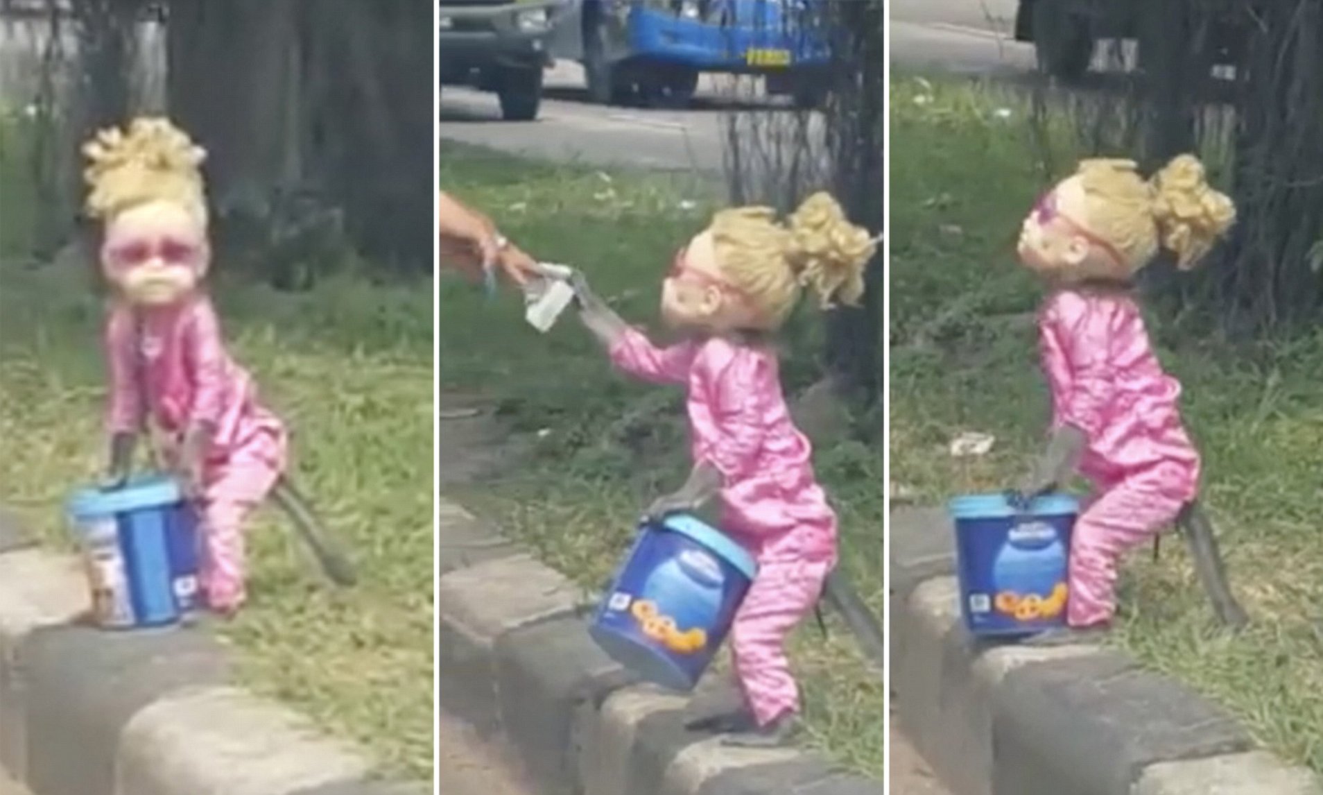 Inescrupulosa crueldad: monito disfrazado de muñeca es obligado a pedir dinero en la calle (Video)