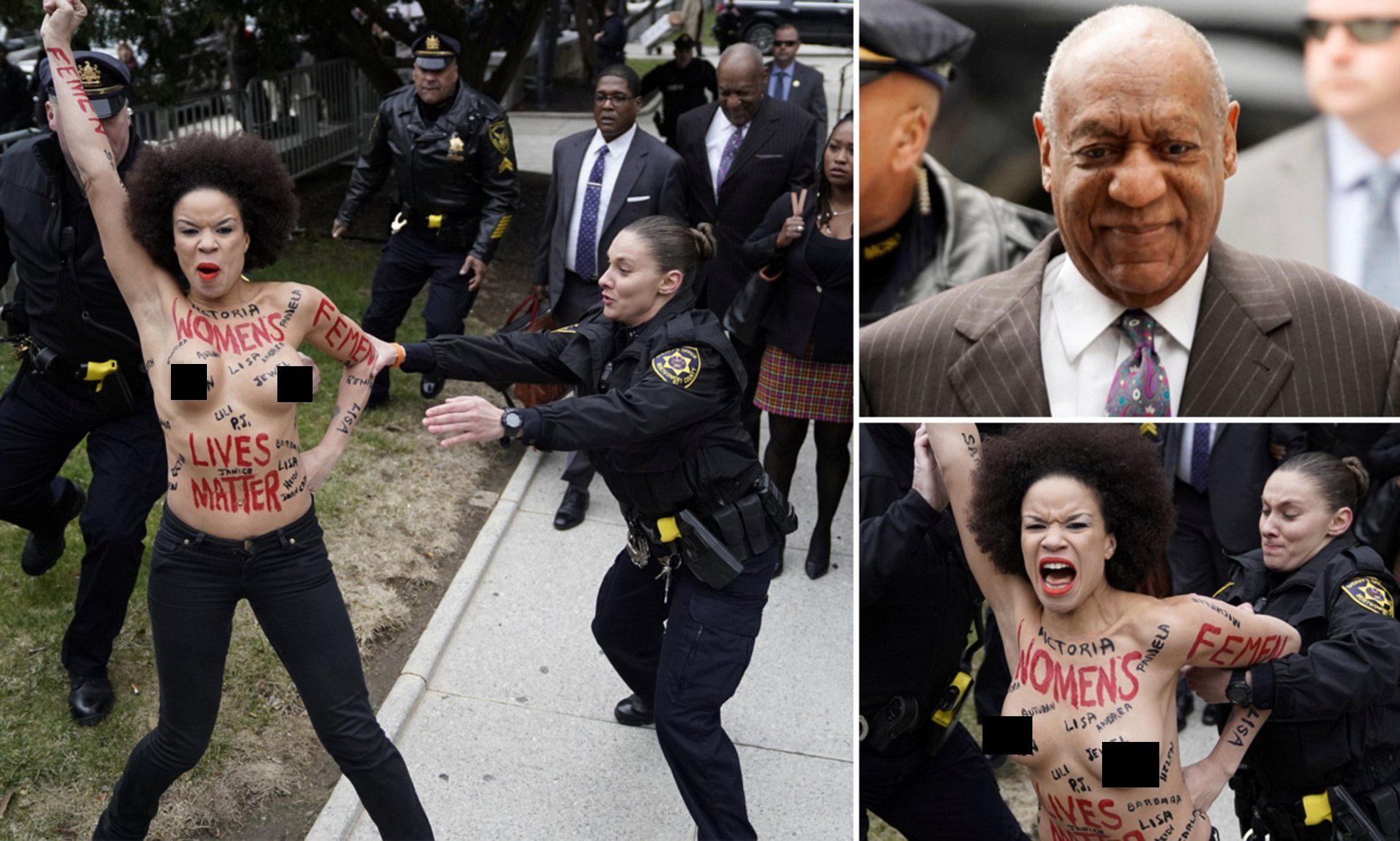 Activista feminista se desnuda y raya su cuerpo para protestar frente al actor Bill Cosby acusado de múltiples violaciones (Video+Fotos)