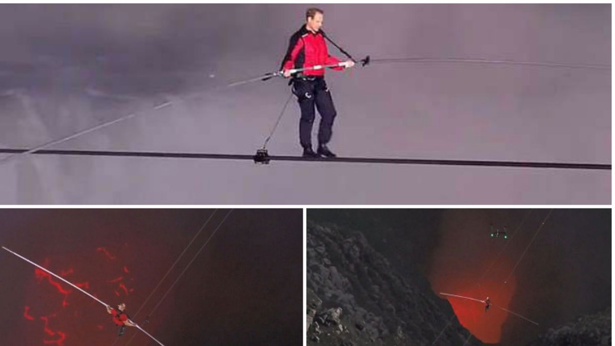 (Video) Equilibrista bate récord con caminata aérea sobre volcán