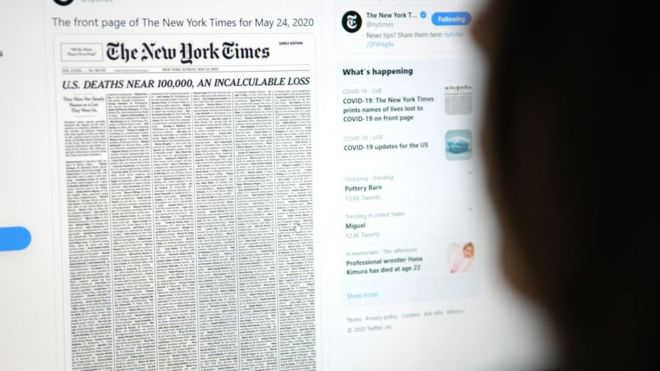The New York Times publica portada con 1.000 obituarios de fallecidos por COVID-19