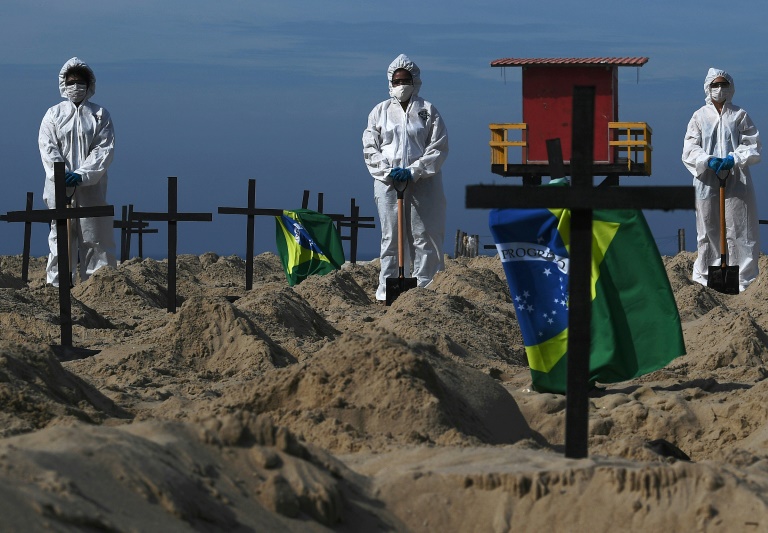 Brasileños cavan tumbas en la playa de Copacabana en señal de protesta