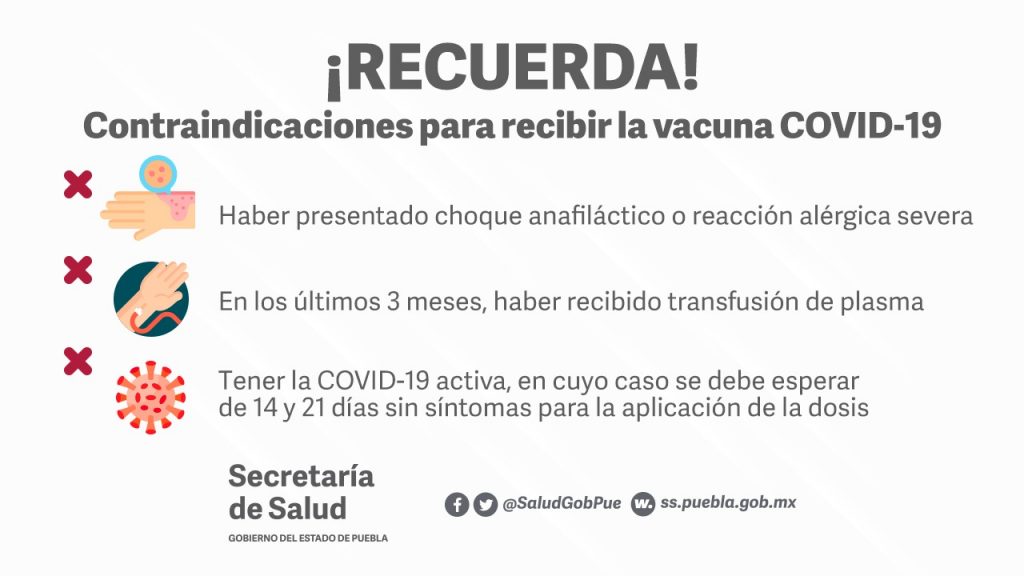 Contraindicaciones para recibir la vacuna COVID-19 de la Secretaría de Salud del Gobierno de Puebla