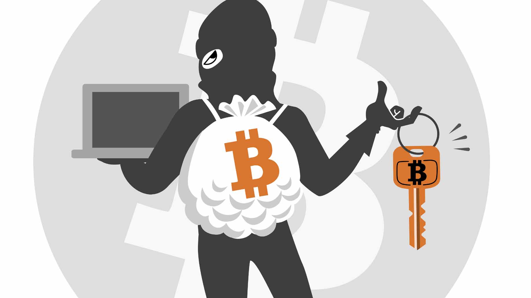 se ve un ladrón sosteniendo una computadora y una llave con una B de Bitcoin y en su espalda leva una bolsa llena de bitcoin