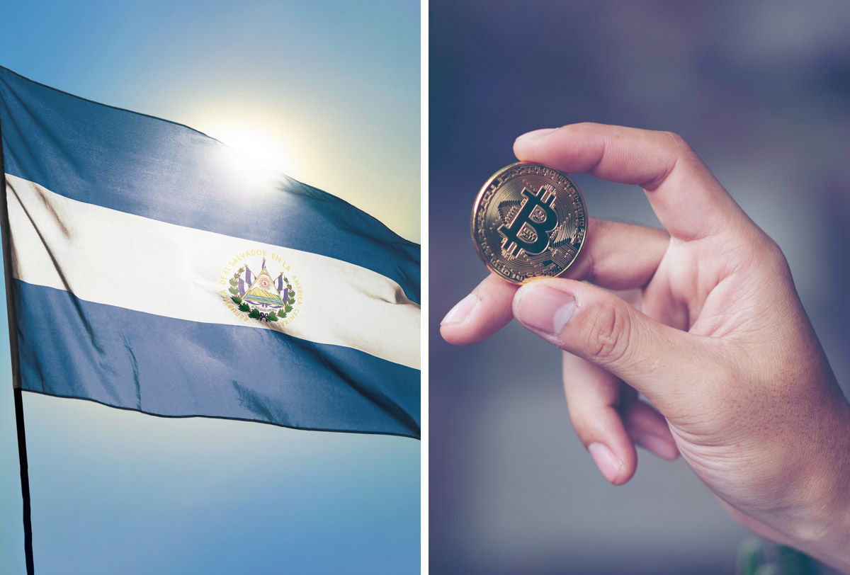 se ve ondeando a una bandera de El Salvador y al lado de ella se ve una mano sosteniendo una moneda con una B de Bitcoin