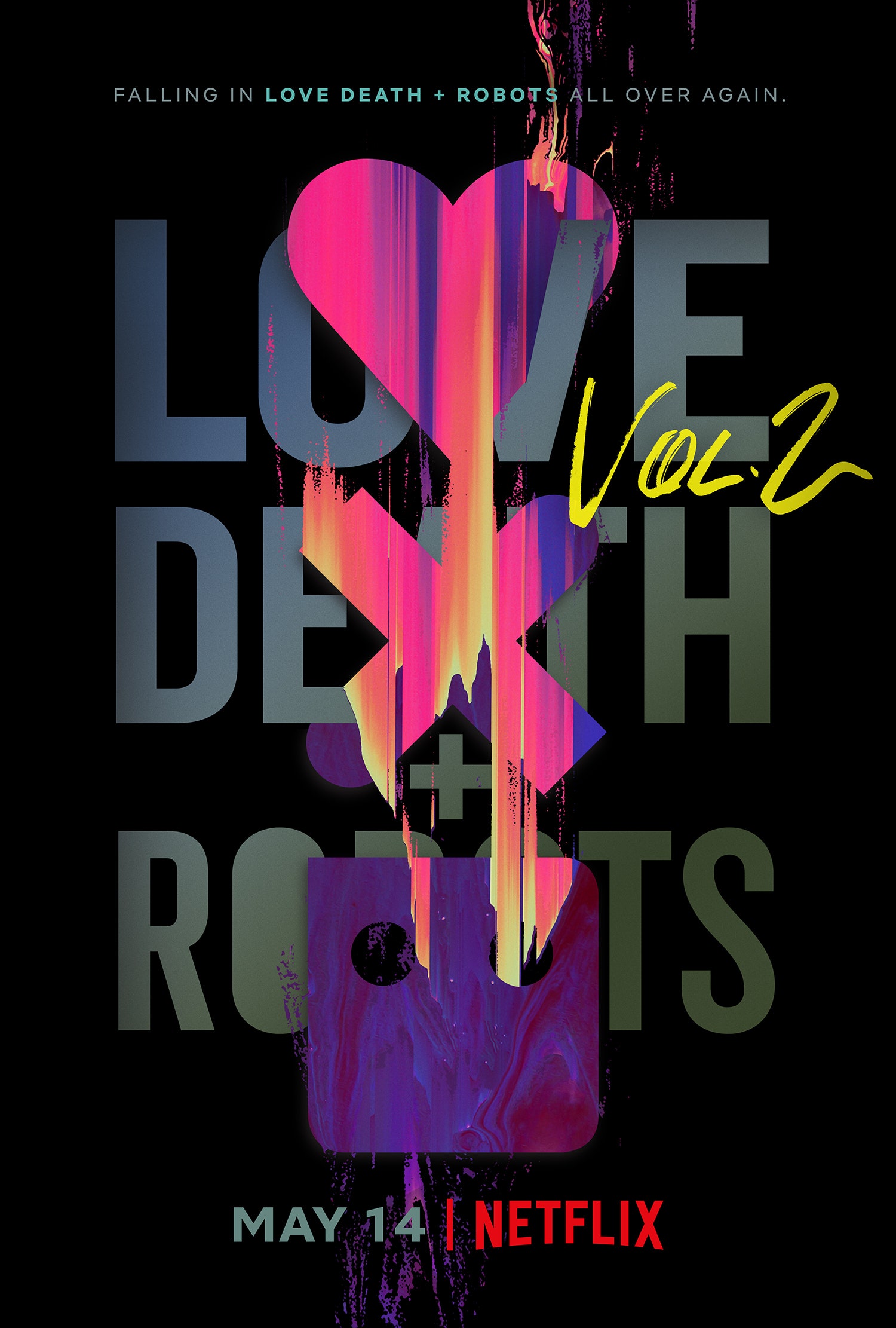 Poster de love death and robots, donde se ve un corazón, una equis y un cuadrado con ojos