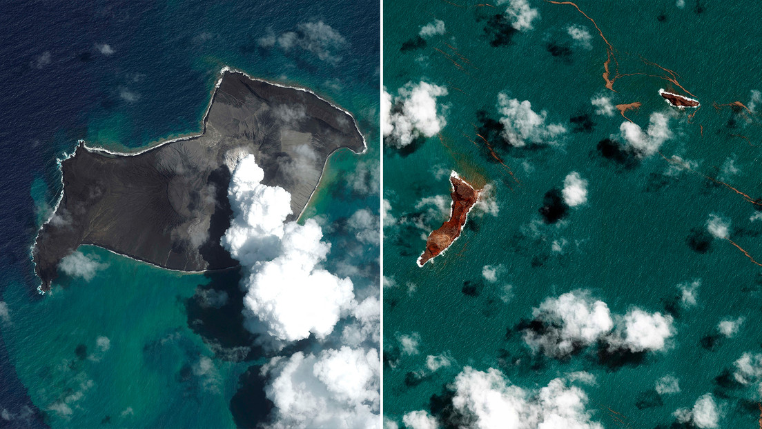 (FOTOS) Imágenes satelitales dejan ver cómo el océano se «traga» la isla del volcán de Tonga