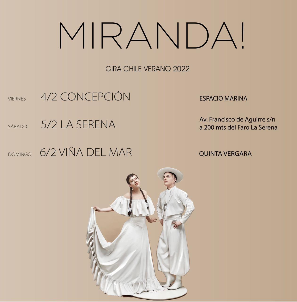 Miranda! se presentará en el norte, centro y sur de Chile en febrero