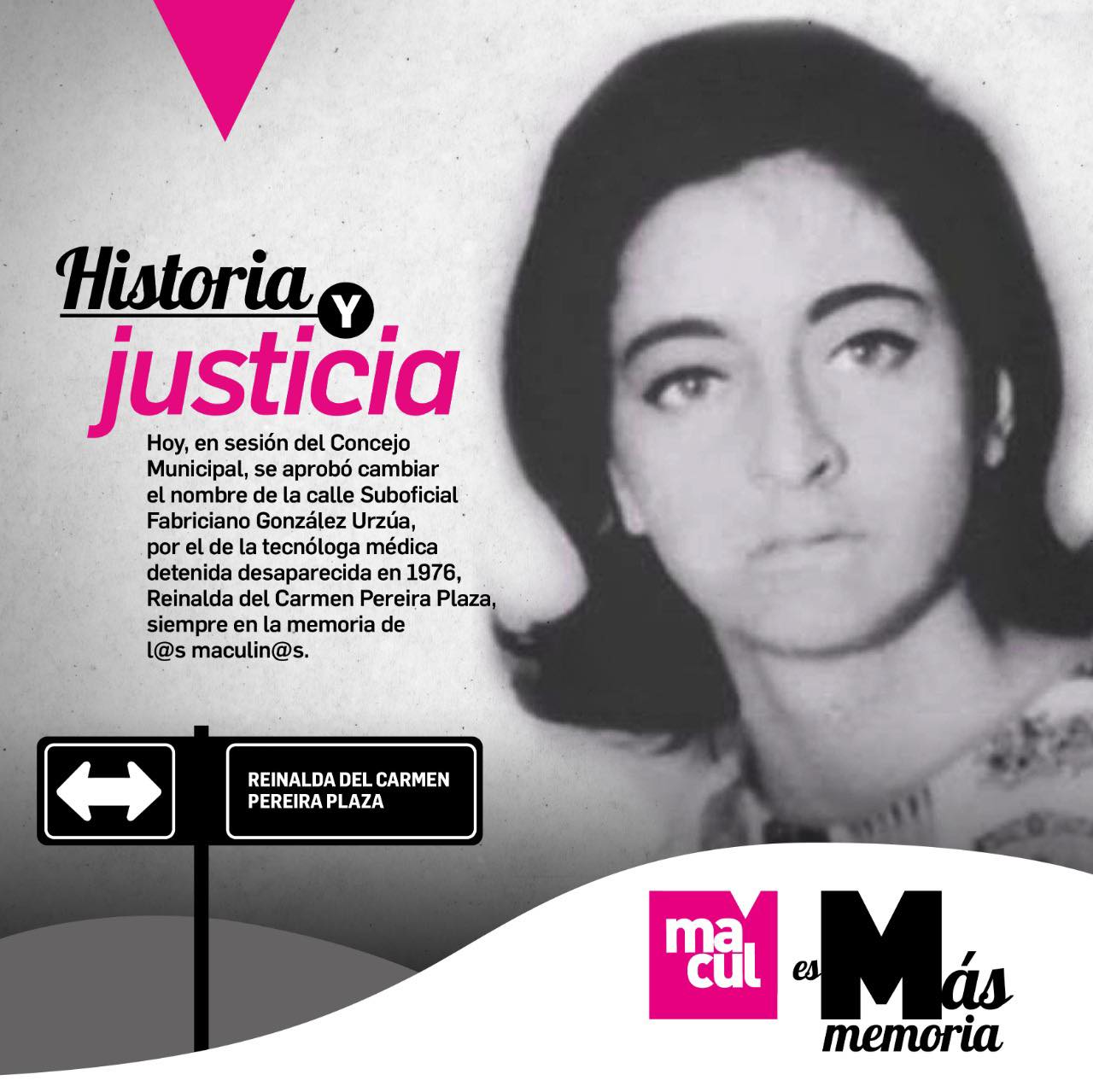 Macul cambia nombre de calle en memoria de Reinalda Pereira, detenida desaparecida en 1976