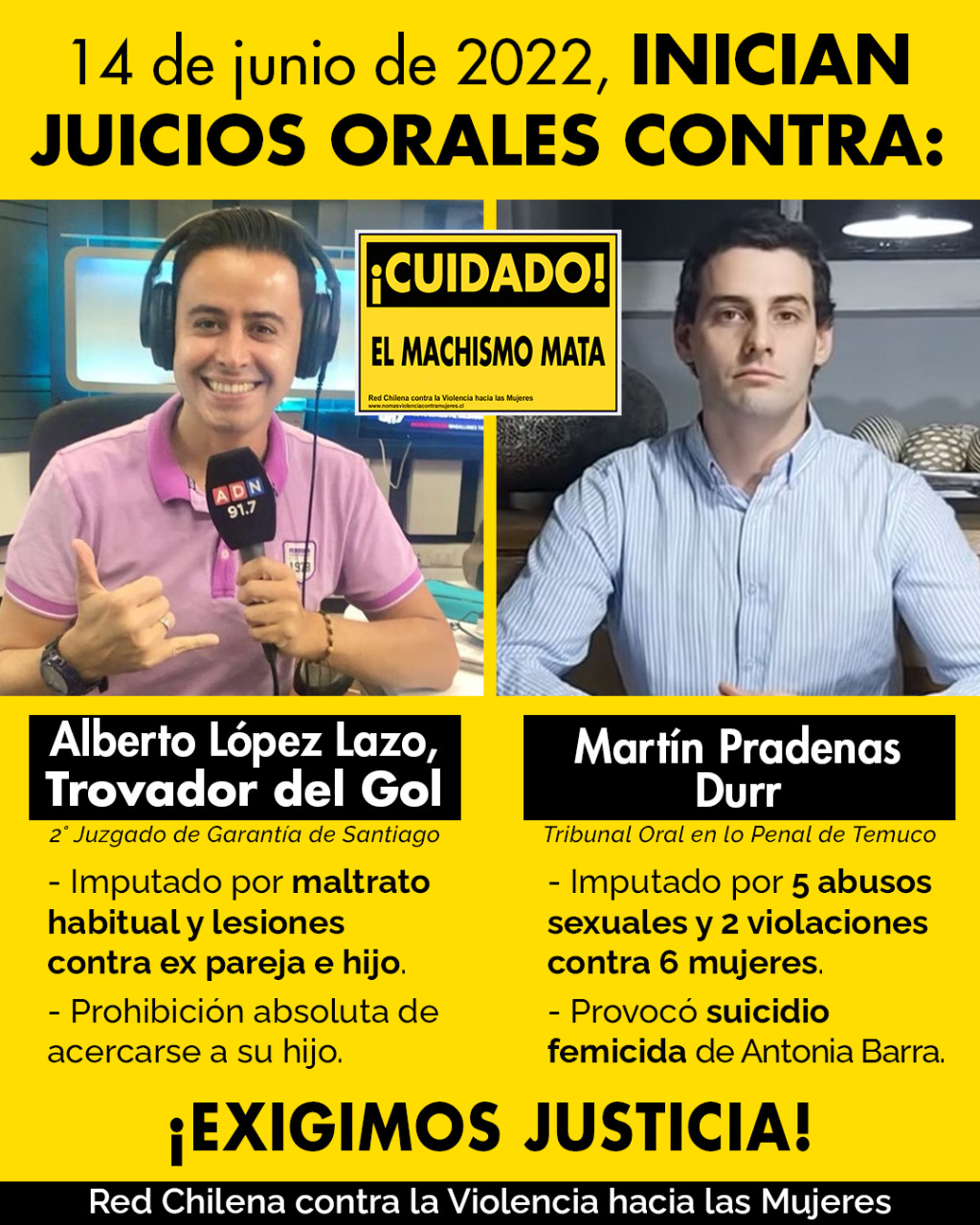 Dos juicios contra agresores de mujeres empezaron hoy: Martín Pradenas y el «trovador del gol» enfrentan la justicia