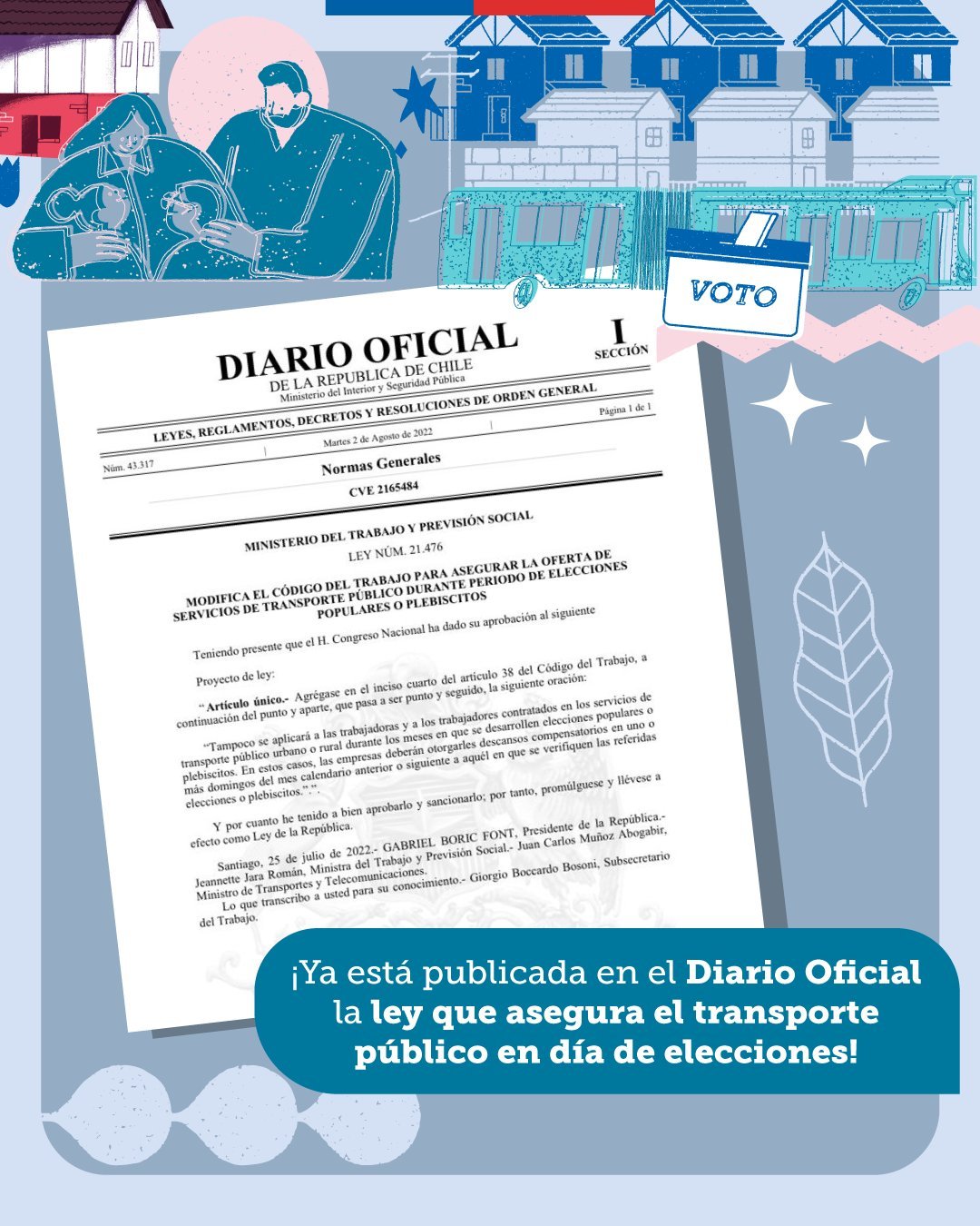 ¡Ya es oficial! Ley que garantiza transporte público durante elecciones y plebiscitos es publicada en el Diario Oficial