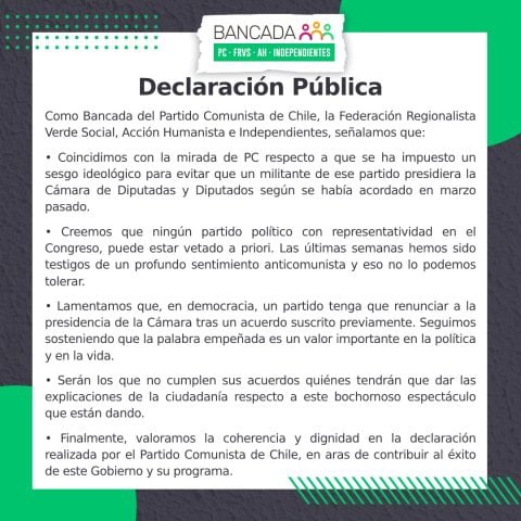 Bancada PC, FRVS, AH e independientes rechaza veto a Karol Cariola para impedir que presida la Cámara