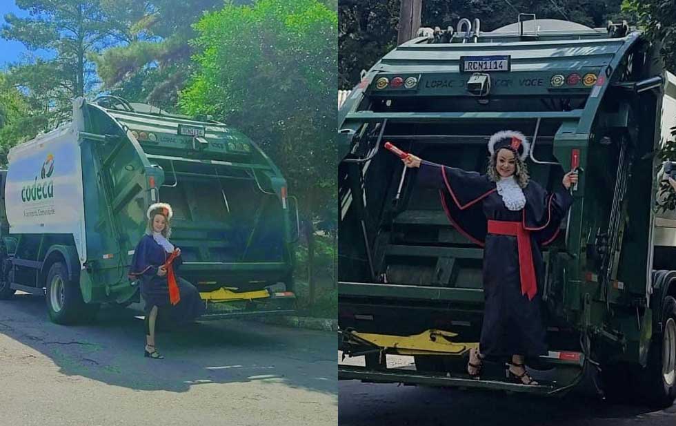 Recolectora de basura se gradúa como abogada, celebra en el camión con el que trabajaba (FOTOS)