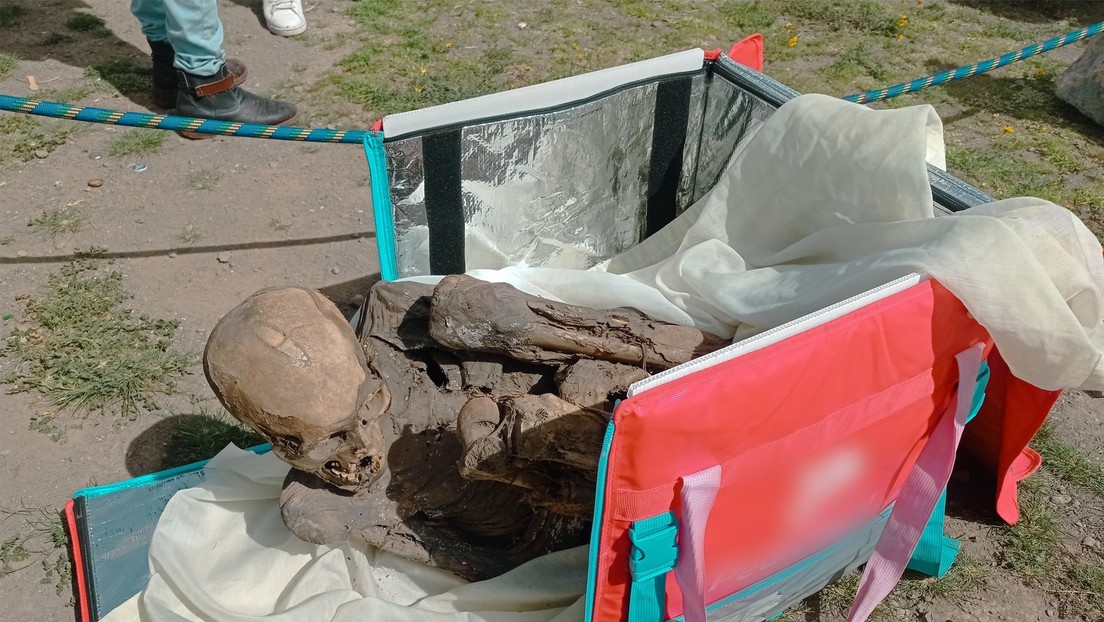 Hallan una momia prehispánica en bolsa térmica de un repartidor de comida durante una intervención policial en Perú