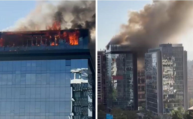 Voraz incendio arrasa con edificio  corporativo de Vitacura: Bomberos combaten el descomunal fuego (Videos)