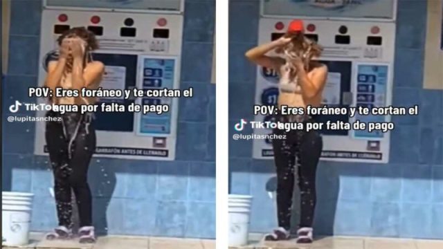 Sin pena alguna: Mujer se queda sin agua en su casa y se baña en una purificadora (VIDEO)