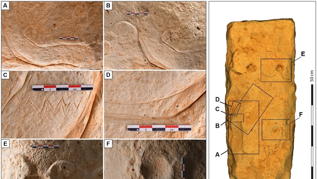 Fotografías detalladas de la superficie de piedra grabada de Jordania.Crassard et al., 2023