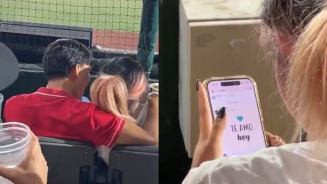 Captan a mujer enviando mensajes con su amante junto a su novio en partido de béisbol en Jalisco (VIDEO)
