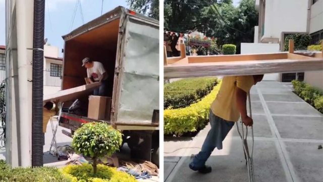 Hombre en muletas y sin una pierna trabaja cargando muebles para ganar dinero y ayudar a su familia (VIDEO)
