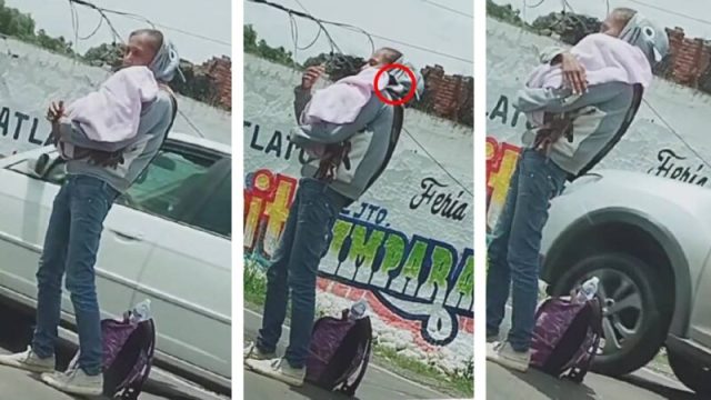Mujer pide limosna cargando a un perrito, finge que es un bebé (VIDEO)