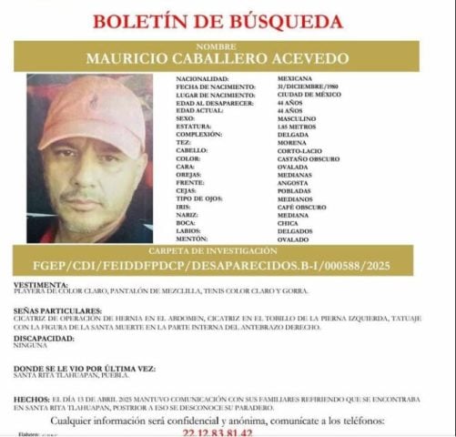 Mauricio Caballero desapareció tras acudir a cobrar mensualidad de un terreno en Tlahuapan 