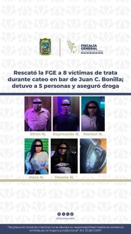 Rescatan a ocho mujeres víctimas de trata en bar de Juan C. Bonilla; hay cinco detenidos y droga asegurada
