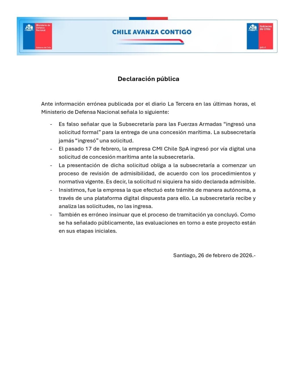Gobierno desmiente a La Tercera y señala que Ministerio de Defensa no ha ingresado ninguna solicitud de concesión marítima para el cable submarino