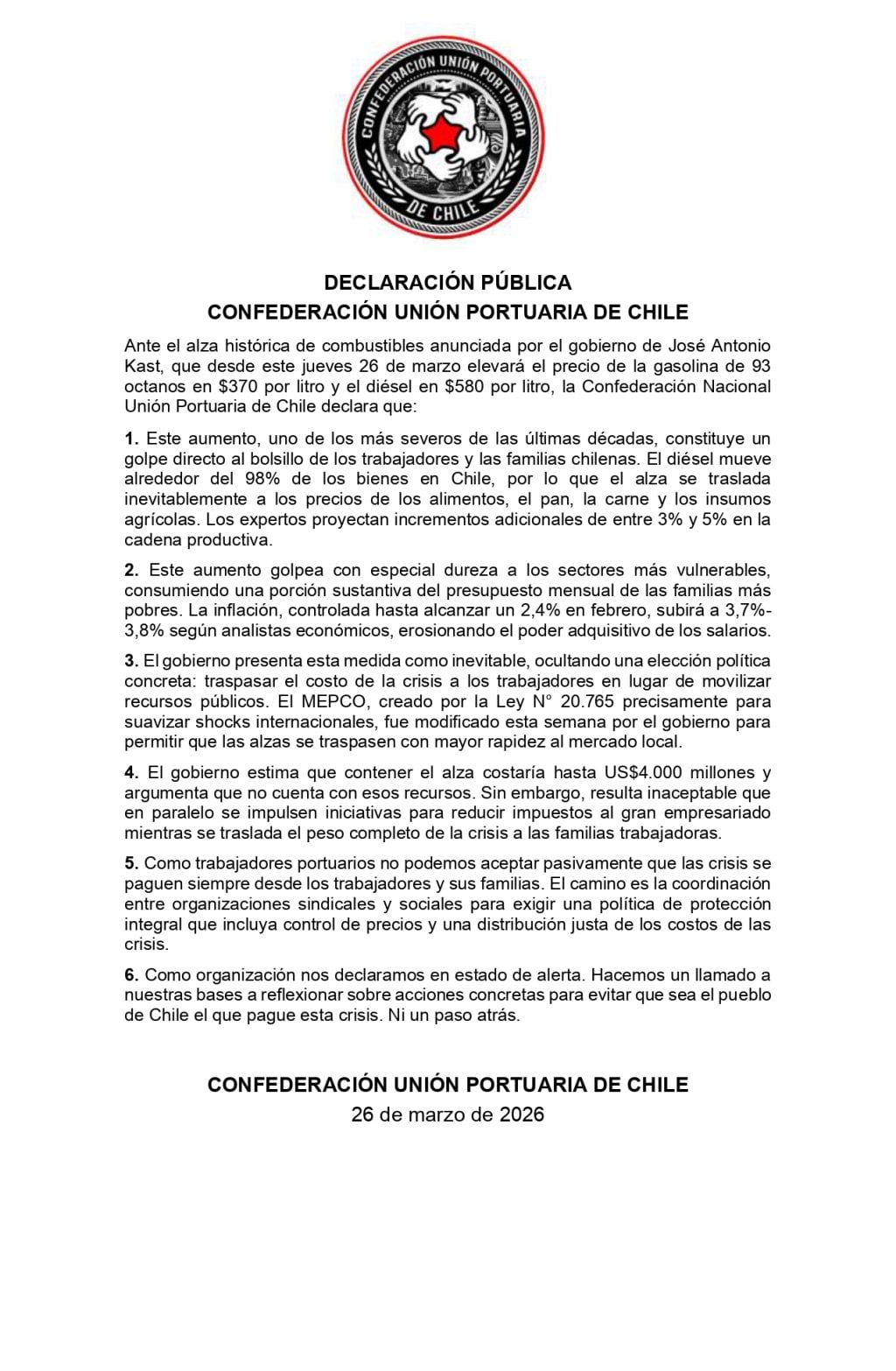 Confederación Unión Portuaria de Chile declara «estado alerta» por alza de combustibles: «El camino es la coordinación entre organizaciones sindicales y sociales»