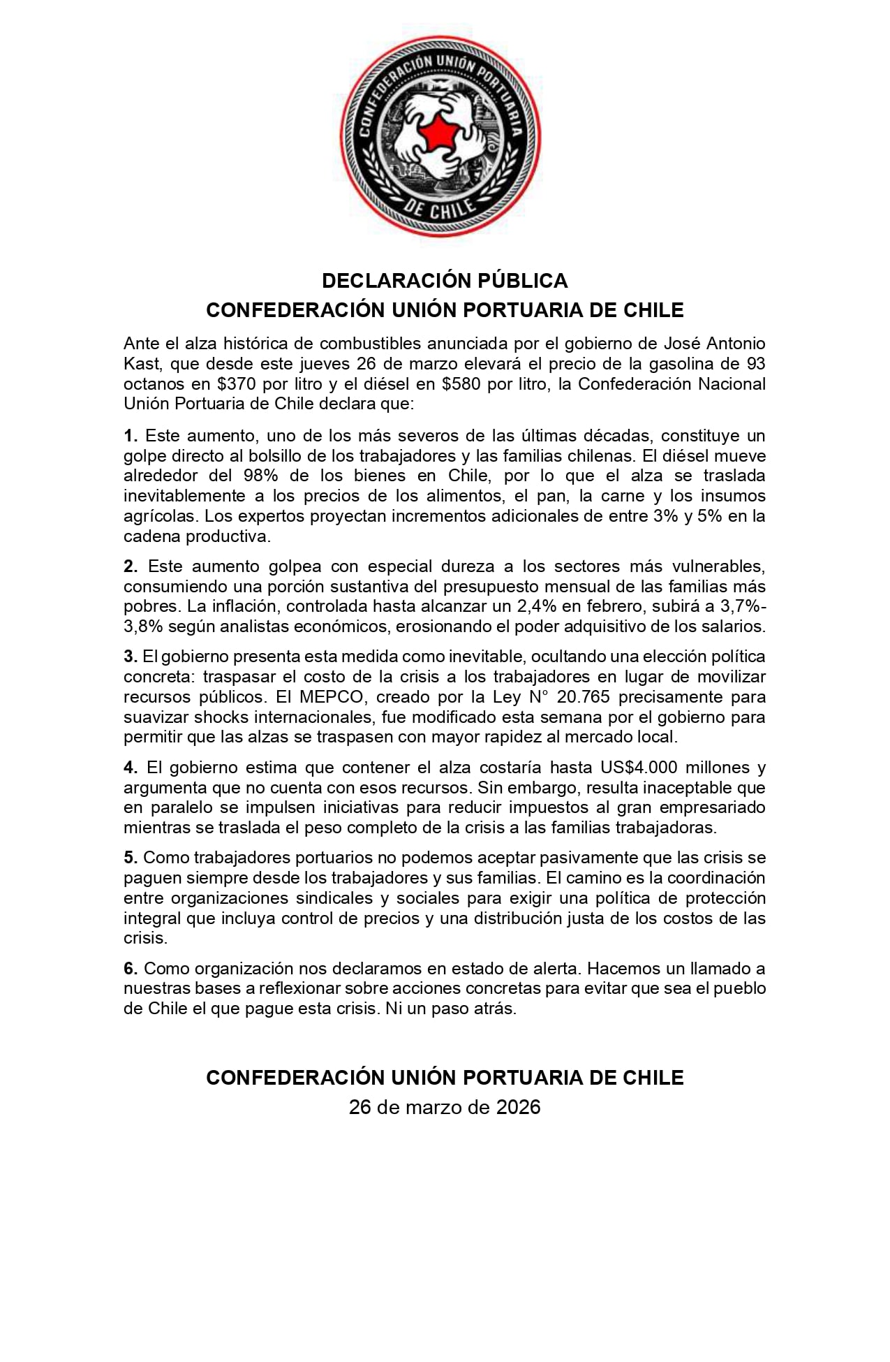 Port Workers Union of Chile Declares «State of Alert» Over Rising Fuel Prices: «Coordination Among Union and Social Organizations is Key»