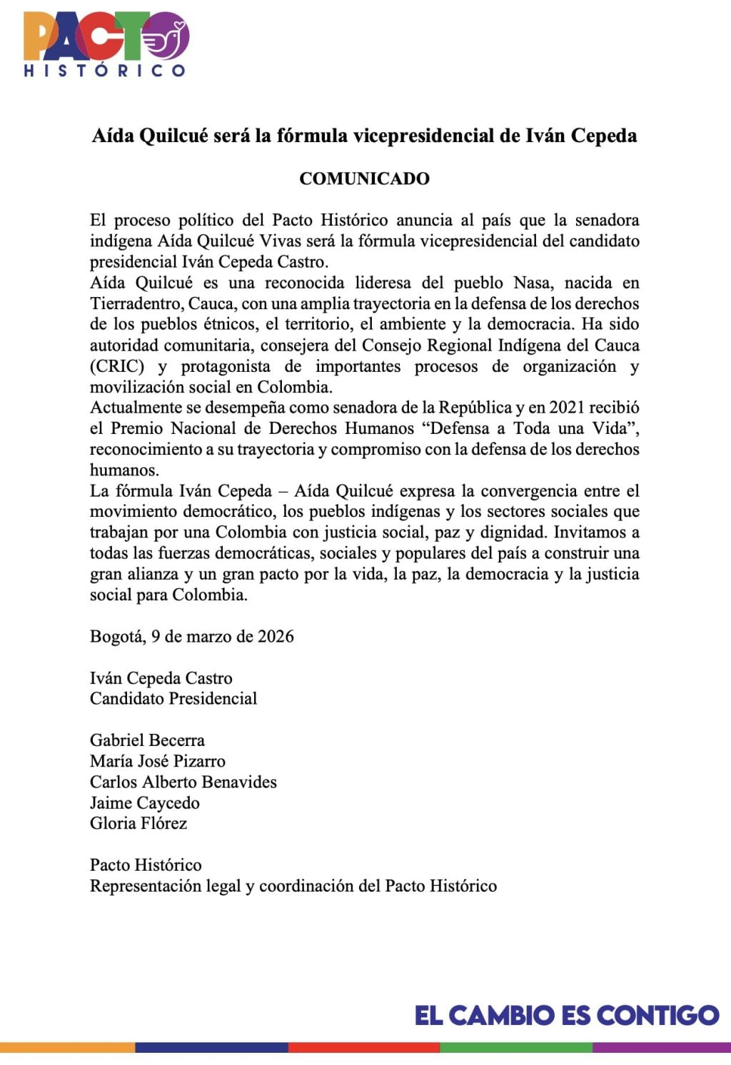 Colombia: Candidato Iván Cepeda anuncia a lideresa indígena Aída Quilcué como su fórmula vicepresidencial