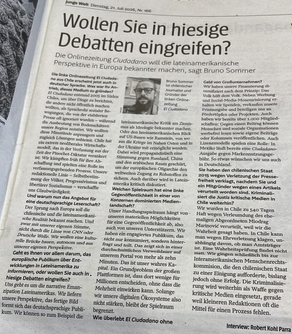 Junge Welt hebt die deutsche Ausgabe von El Ciudadano hervor und dessen lateinamerikanischen Blick auf Europa